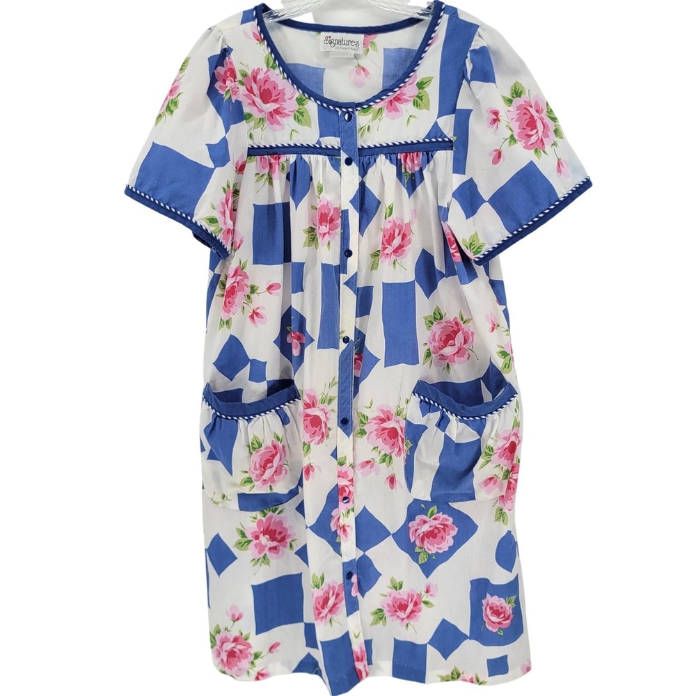 Signatures by Smart Time Vintage Floral Blue Geometric House Coat Duster Robe M